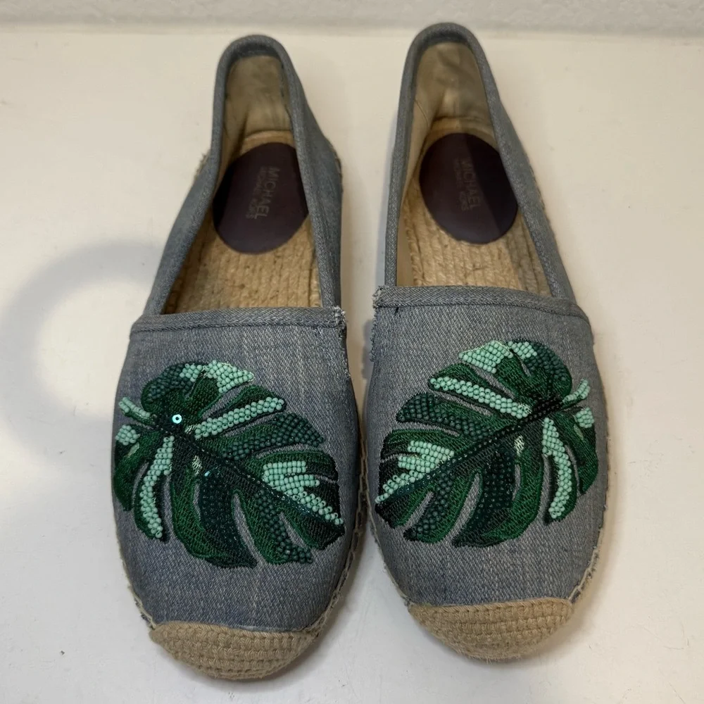 MICHAEL Michael Kors Kendrick Slip On Espadrille Flats Denim Beaded Palm Size 8